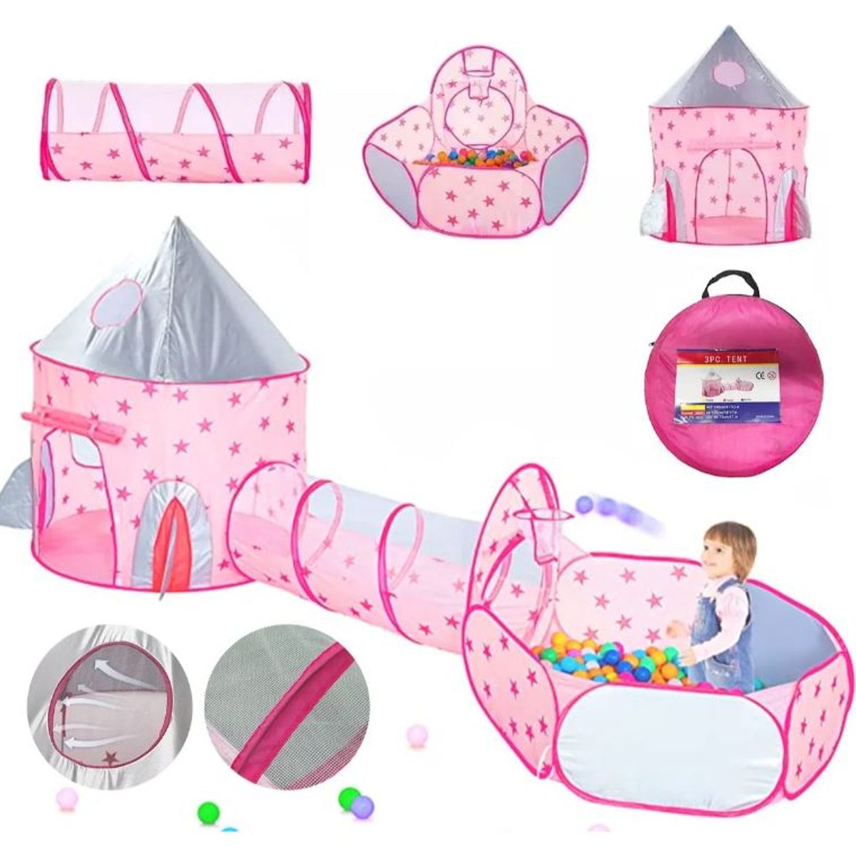 GENERICO - Carpa Castillo Infantil 3 En 1 Cohete + Túnel + Piscina De Pelotas