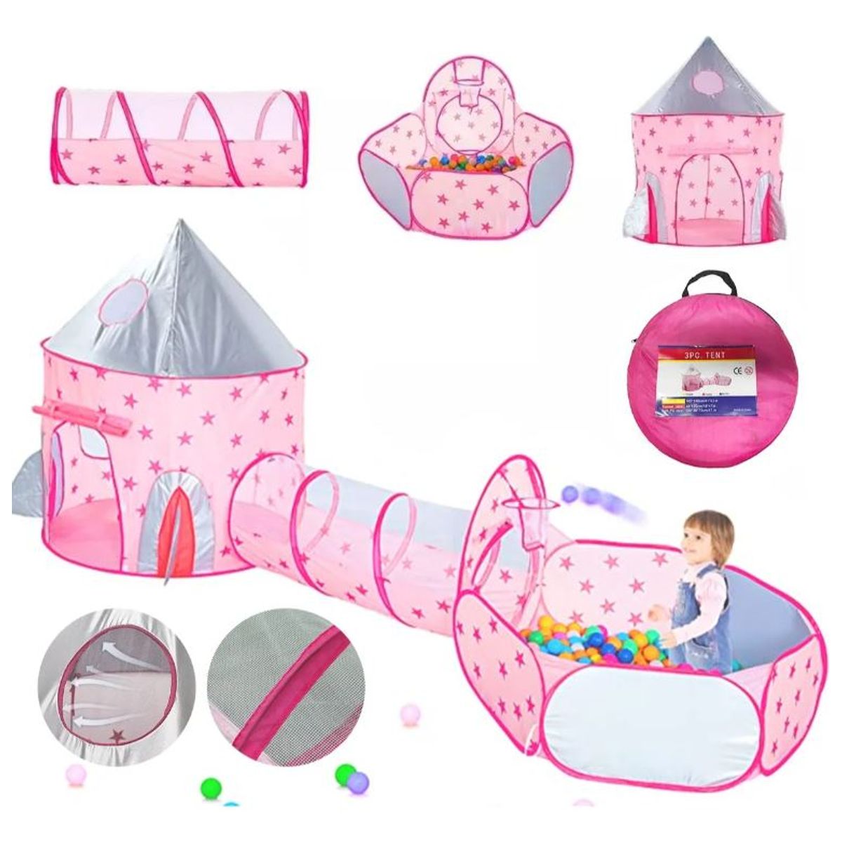 GENERICO - Carpa Castillo Infantil 3 En 1 Cohete + Túnel + Piscina De Pelotas