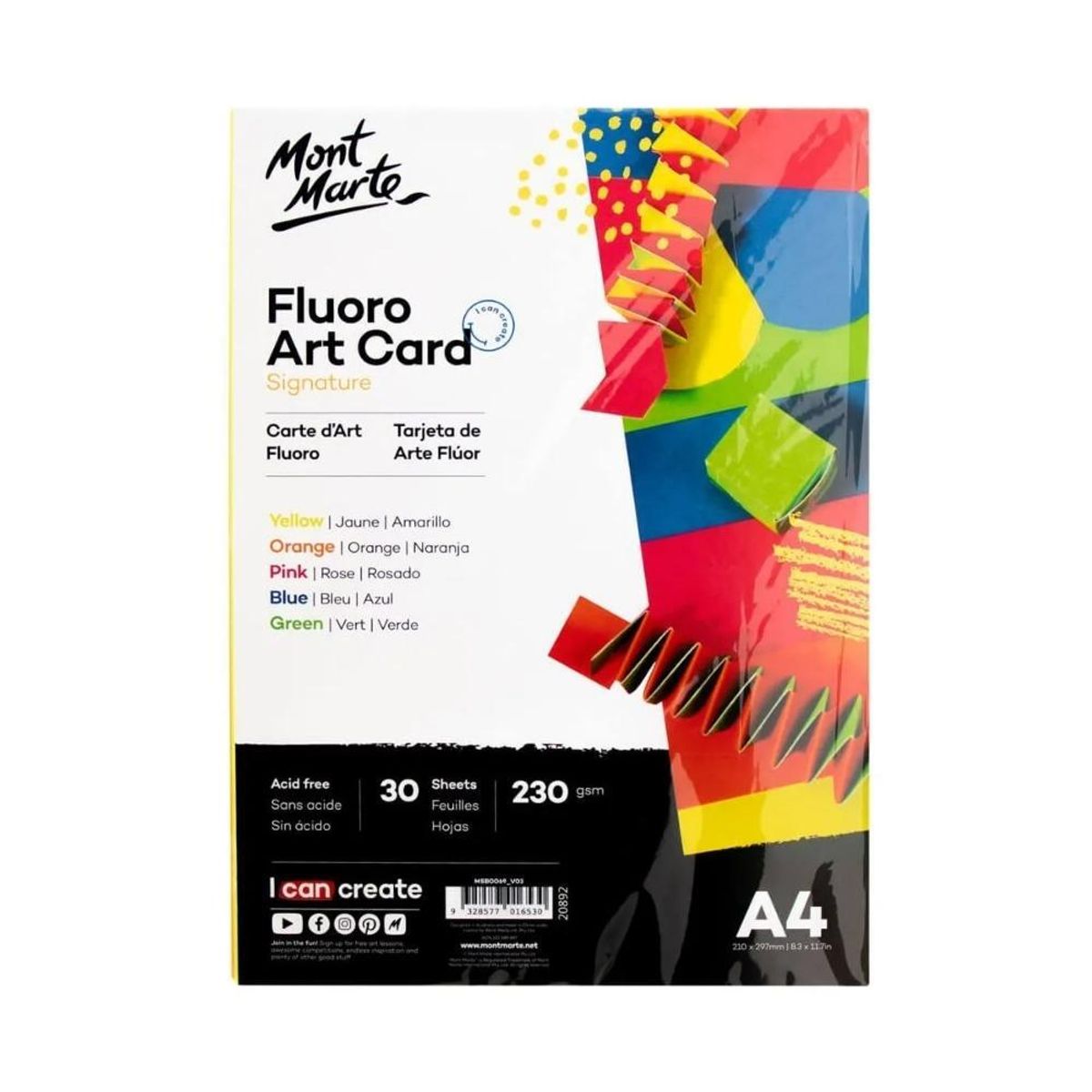 MONT MARTE - Mont Marte Cartulina Fluorescente A4 Doble Cara 30 Hojas 230gsm