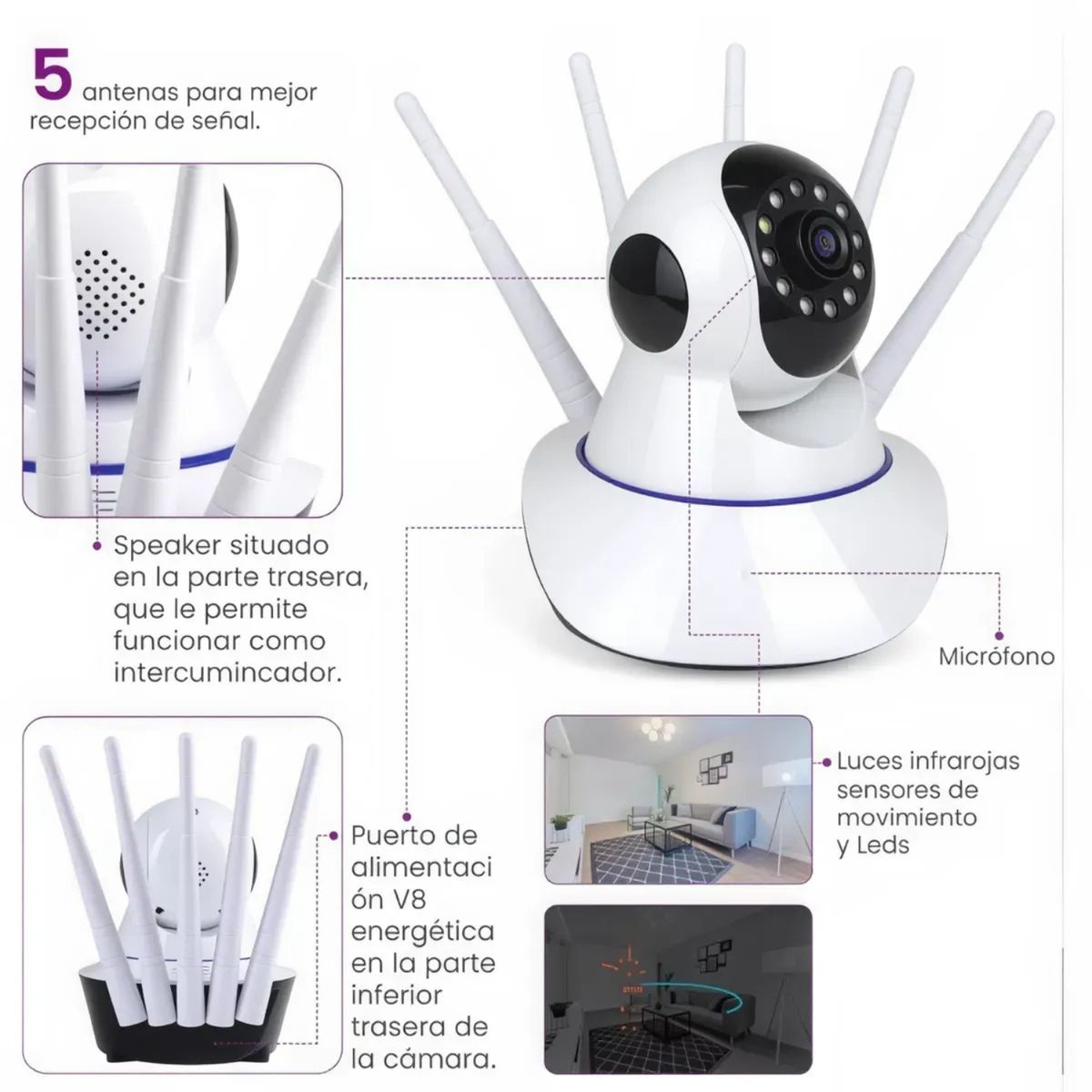 MOVI - CAMARA SEGURIDAD IP WIFI HD MOTORIZADA VISION NOCTURNA 360º 5 antenas