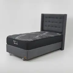 BLOCCARE - Cama 1 Plaza Box 30cm - L200 cm + Colchon Black Prime - Modelo Uno + Respaldo /Con Rueda Pyton(Gris)