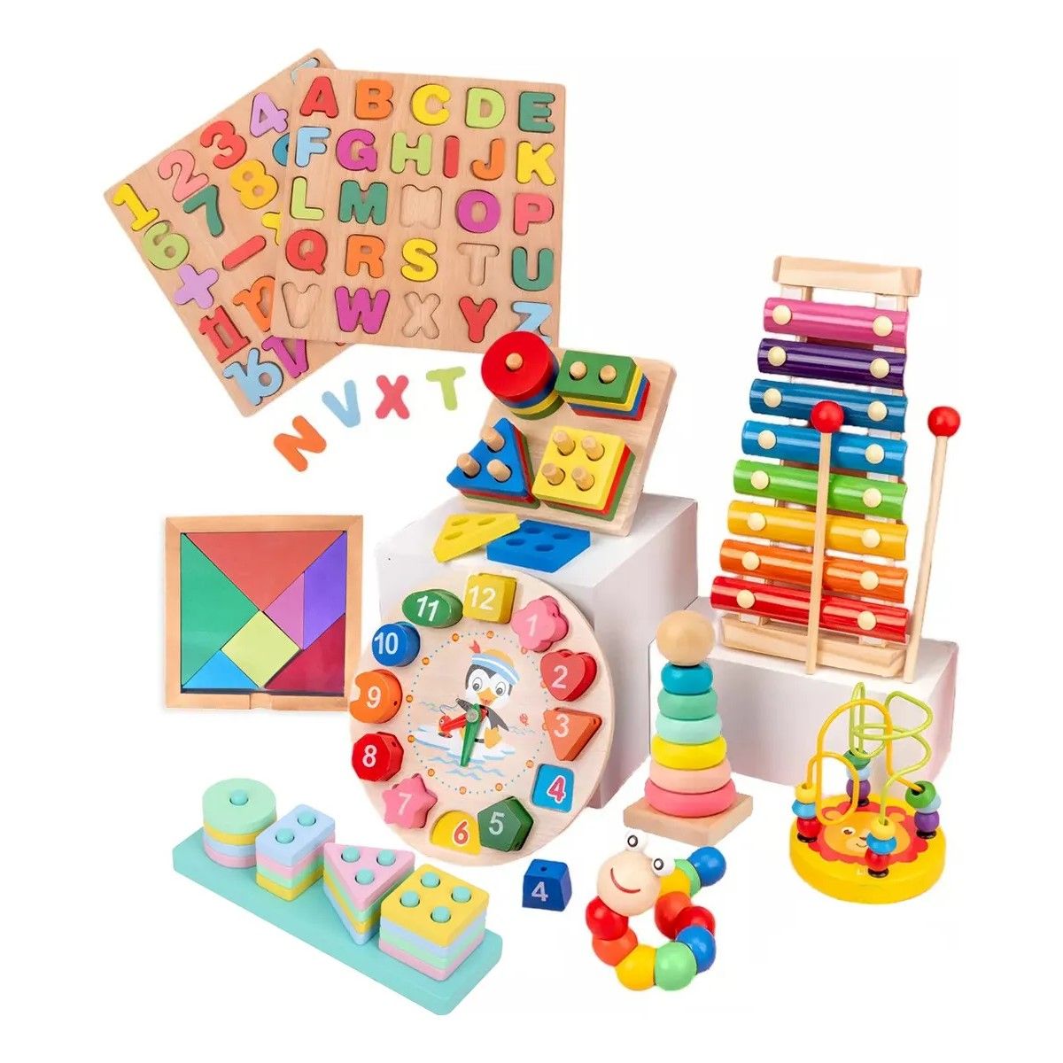 GENERICO - Pack 10 Juguetes Didácticos De Madera Para Niños Montessori Color Variado BELUG