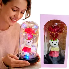 GENERICO - Rosa Eterna Con Osita Rojo En Cúpula Luces Multicolor