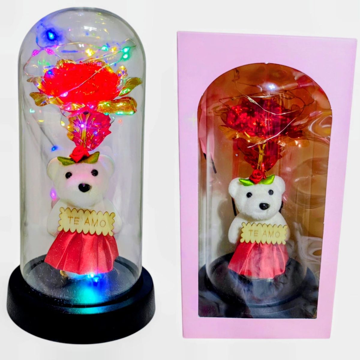GENERICO - Rosa Eterna Con Osita Rojo En Cúpula Luces Multicolor