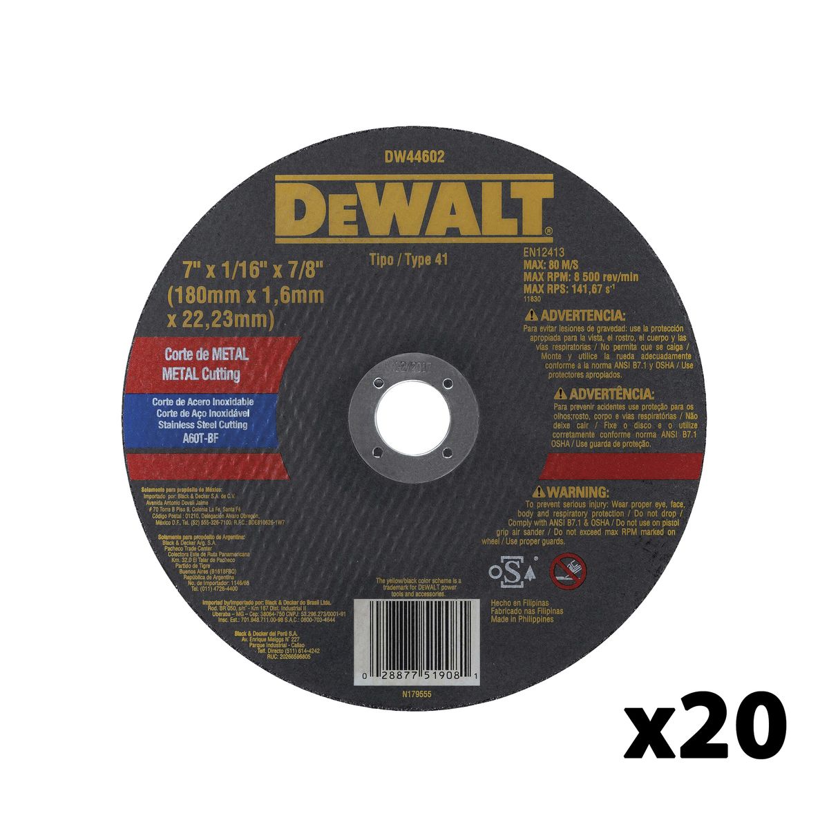 DEWALT - Set 20 discos corte metal/acero  7" x 1/16" DEWALT DW44602