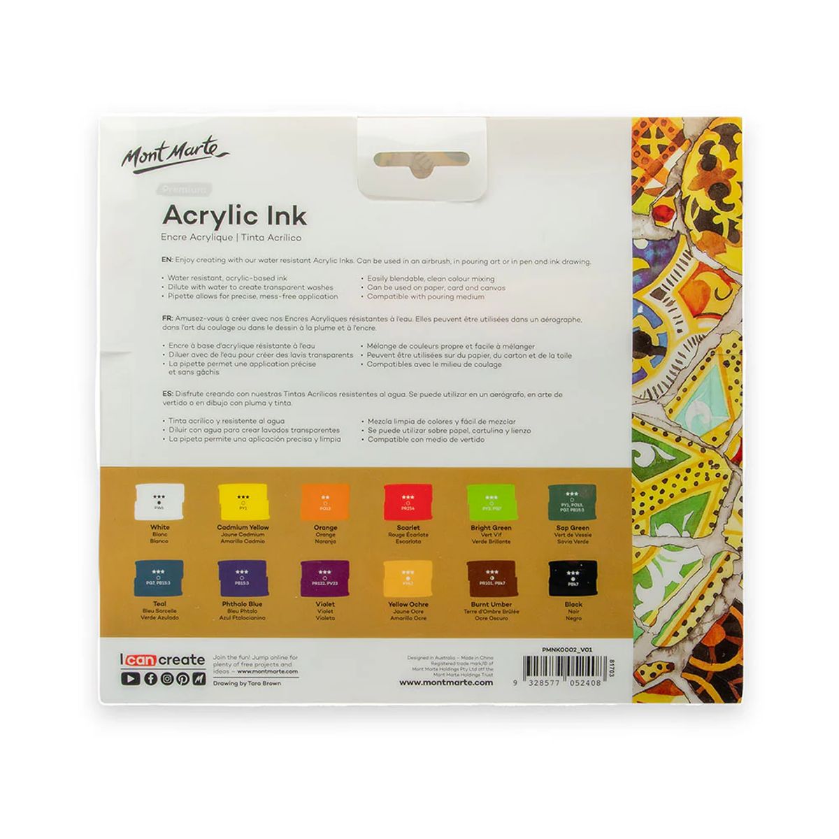 MONT MARTE - Mont Marte Set 12 Tintas Acrílicas para Aerógrafo y Pluma 20ml