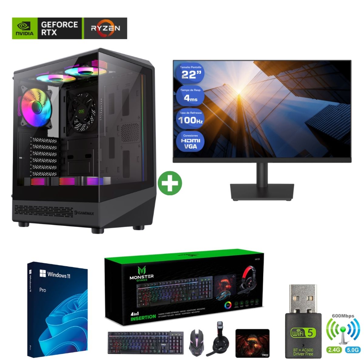 AMD CORP - Pc Gamer AMD Ryzen 5 5500 - 32GB RAM - RTX 3050 - 2TB - Wifi (Monitor 22") COC-B