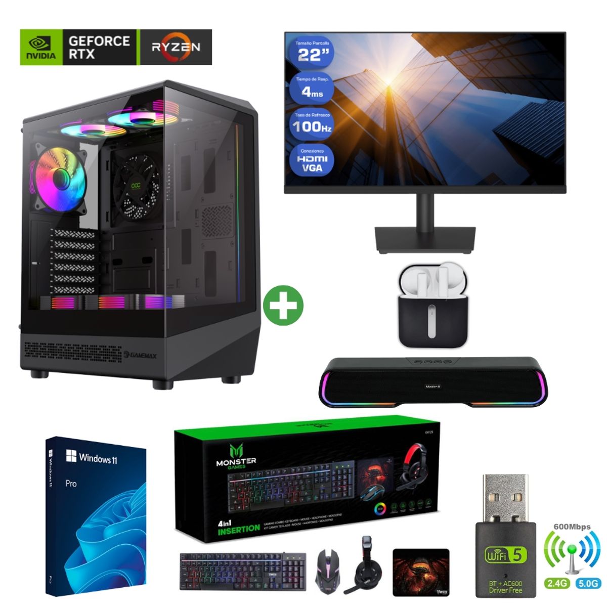 AMD CORP - Pc Gamer AMD 5 5500 - 32GB - RTX 3050 - 2TB (Monitor 22" + Parlante + HP) COC-B