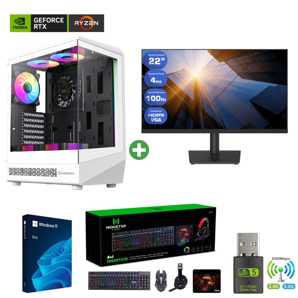AMD CORP - Pc Gamer AMD 5 5500 - 32GB - RTX 3050 - 2TB (Monitor 22" + Parlante + HP) COC-W