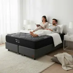 BLOCCARE - Cama King Box 30cm - L200cm +Colchon Black Prime - Modelo Uno +Respaldo /Con Rueda Divan (Gris)