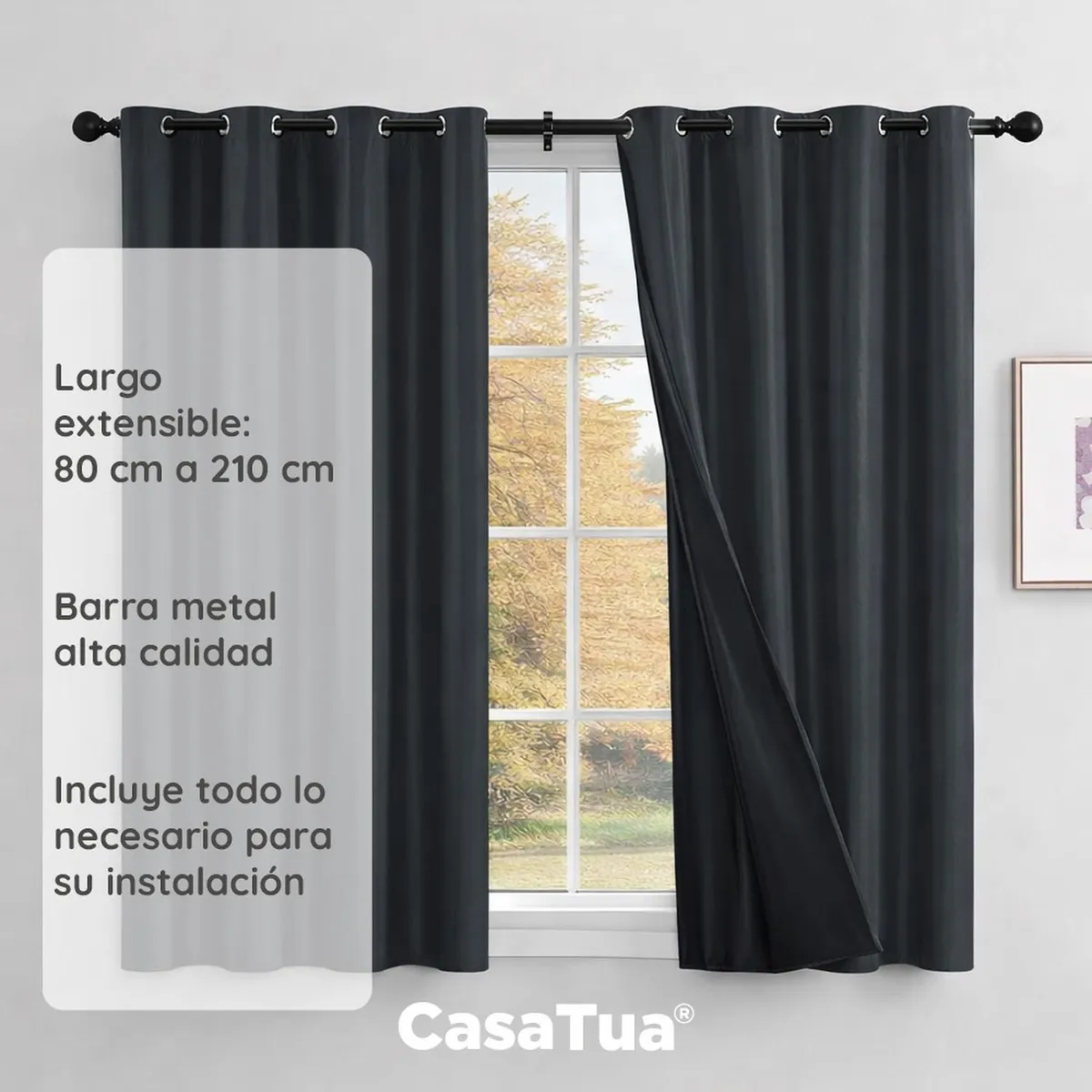 CASATUA - Barra Cortina CasaTua Extensible 80 a 210 cm Con Soportes - Negro - 80 a 210 cm