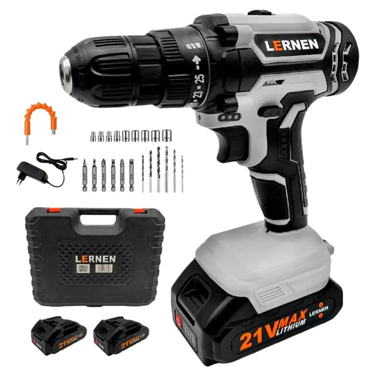 LERNEN - Kit Taladro Destornillador Inalámbrico Lernen 21v + 2 Baterías Color Gris + Maletin brocas