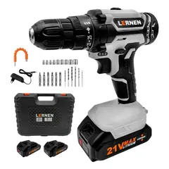 LERNEN - Kit Taladro Destornillador Inalámbrico 21v + 2 Baterías Color Gris + Maletin brocas