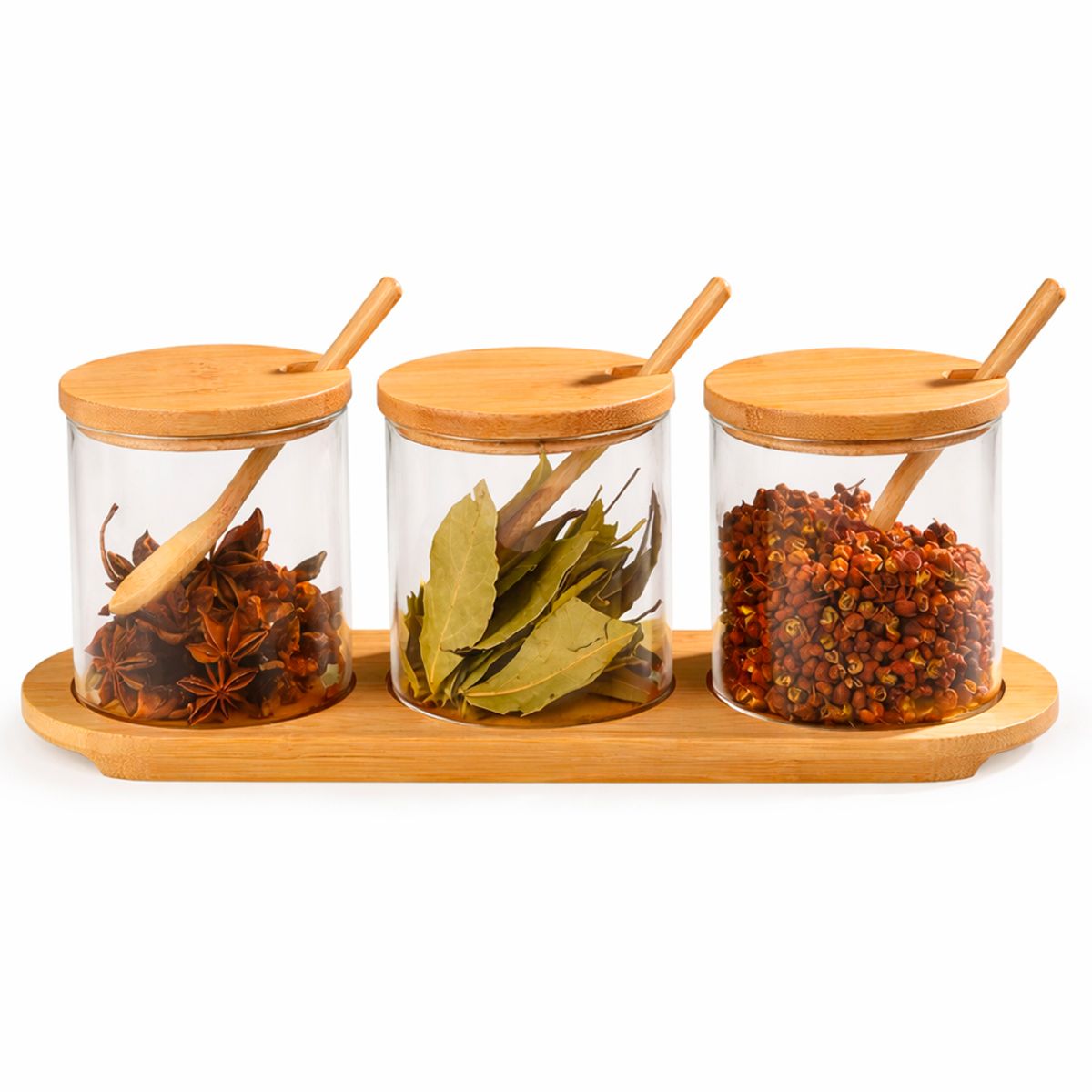 IRM - Set Especiero De Vidrio 3 Frascos Condimenteros Con Tapa Bambú y Cuchara