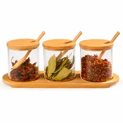 IRM - Set Especiero De Vidrio 3 Frascos Condimenteros Con Tapa Bambú y Cuchara