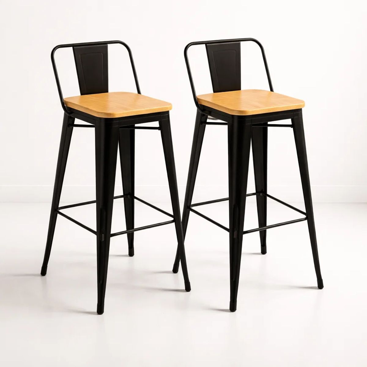 KLIK - Pack de 2 Taburetes Tolix Con Asiento De Madera Clara - Negros