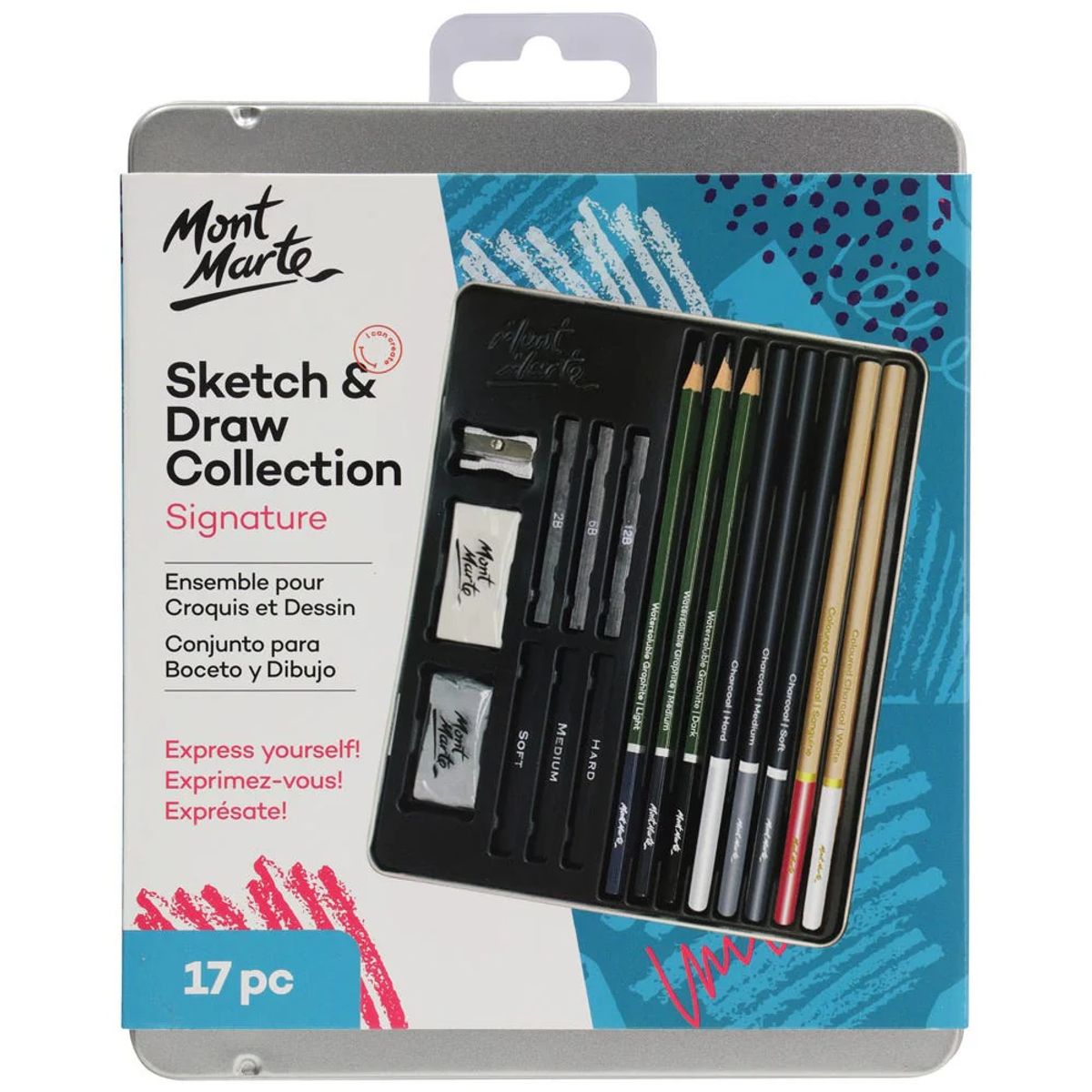 MONT MARTE - Mont Marte Set de Dibujo Artístico 17 Piezas en Caja Metálica