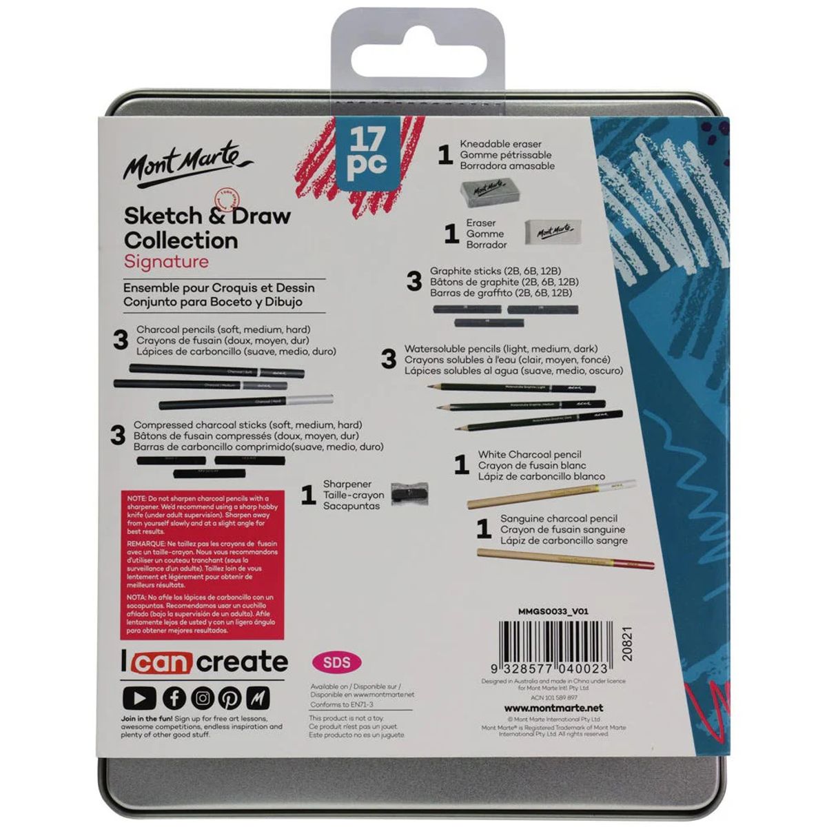 MONT MARTE - Mont Marte Set de Dibujo Artístico 17 Piezas en Caja Metálica