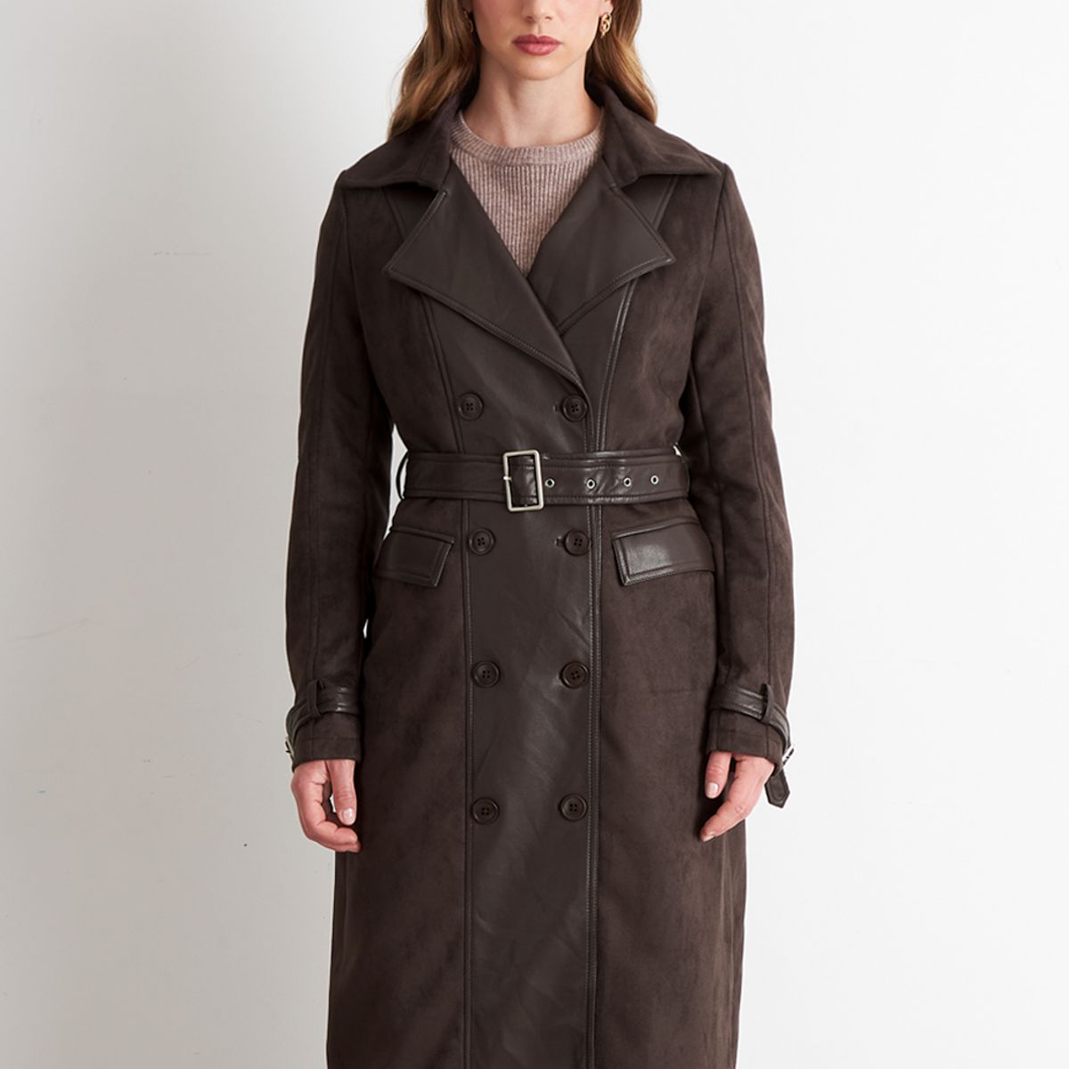 NICOPOLY - Abrigo Tipo Gamuza y Ecocuero Café Nicopoly