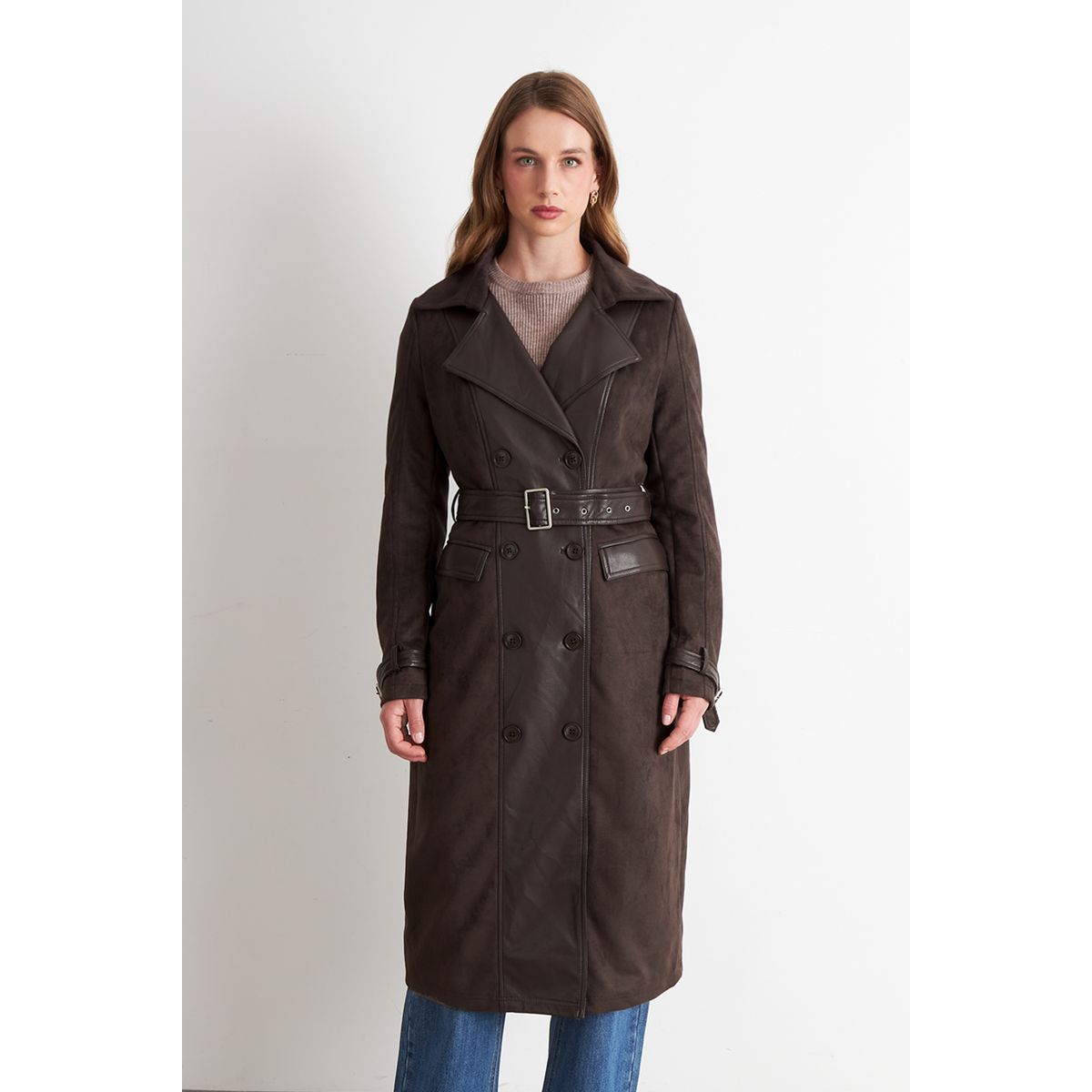 NICOPOLY - Abrigo Tipo Gamuza y Ecocuero Café Nicopoly