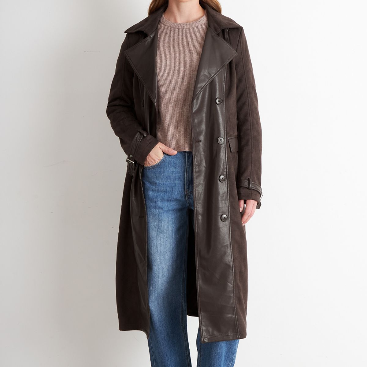 NICOPOLY - Abrigo Tipo Gamuza y Ecocuero Café Nicopoly