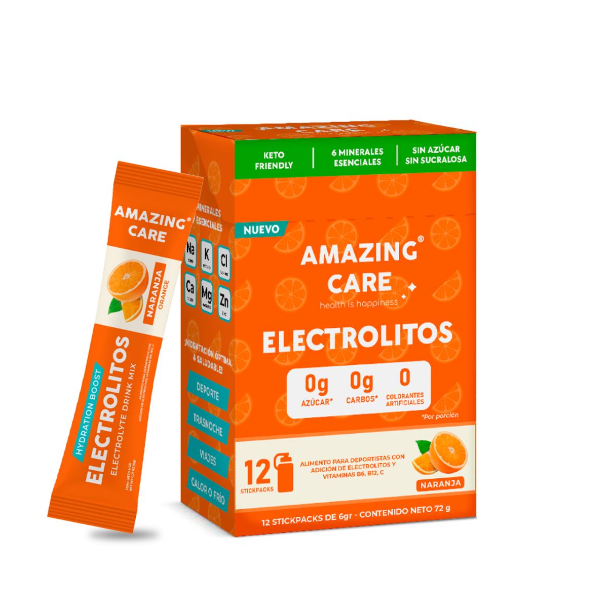 AMAZING CARE - Electrolitos Amazing Care Naranja Bebida Hidratante 12 Sticks