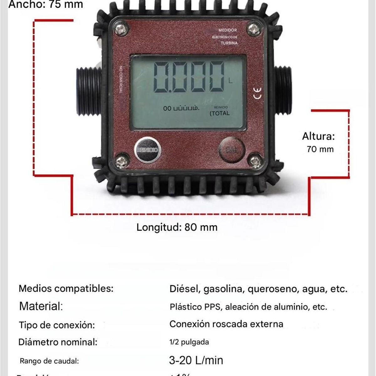 GENERICO - Medidor Flujo Digital Turbina Agua Diesel Gasolina G1/2