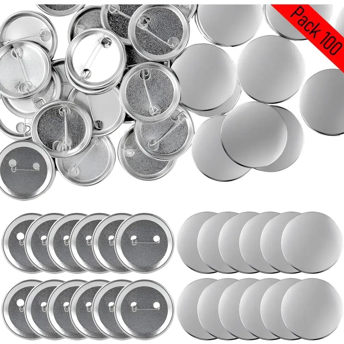 KUANGYE - Pack 100 Chapita Prendedor 44mm Metalica  (insumo Completo)