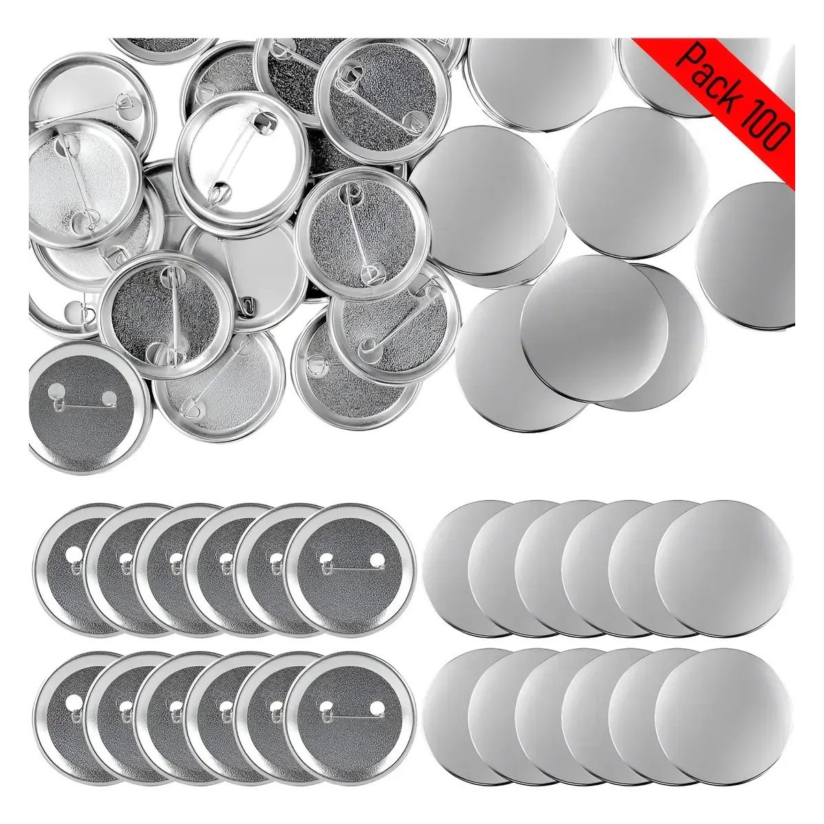 KUANGYE - Pack 100 Chapita Prendedor 44mm Metalica  (insumo Completo)