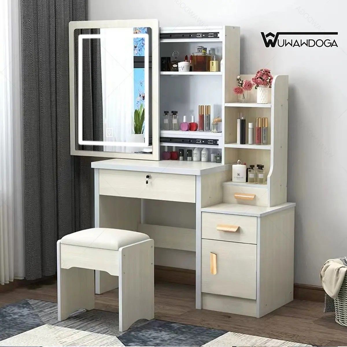 UENMI - Tocador Multifuncional Espejo Led Traer Taburete Con Cajón