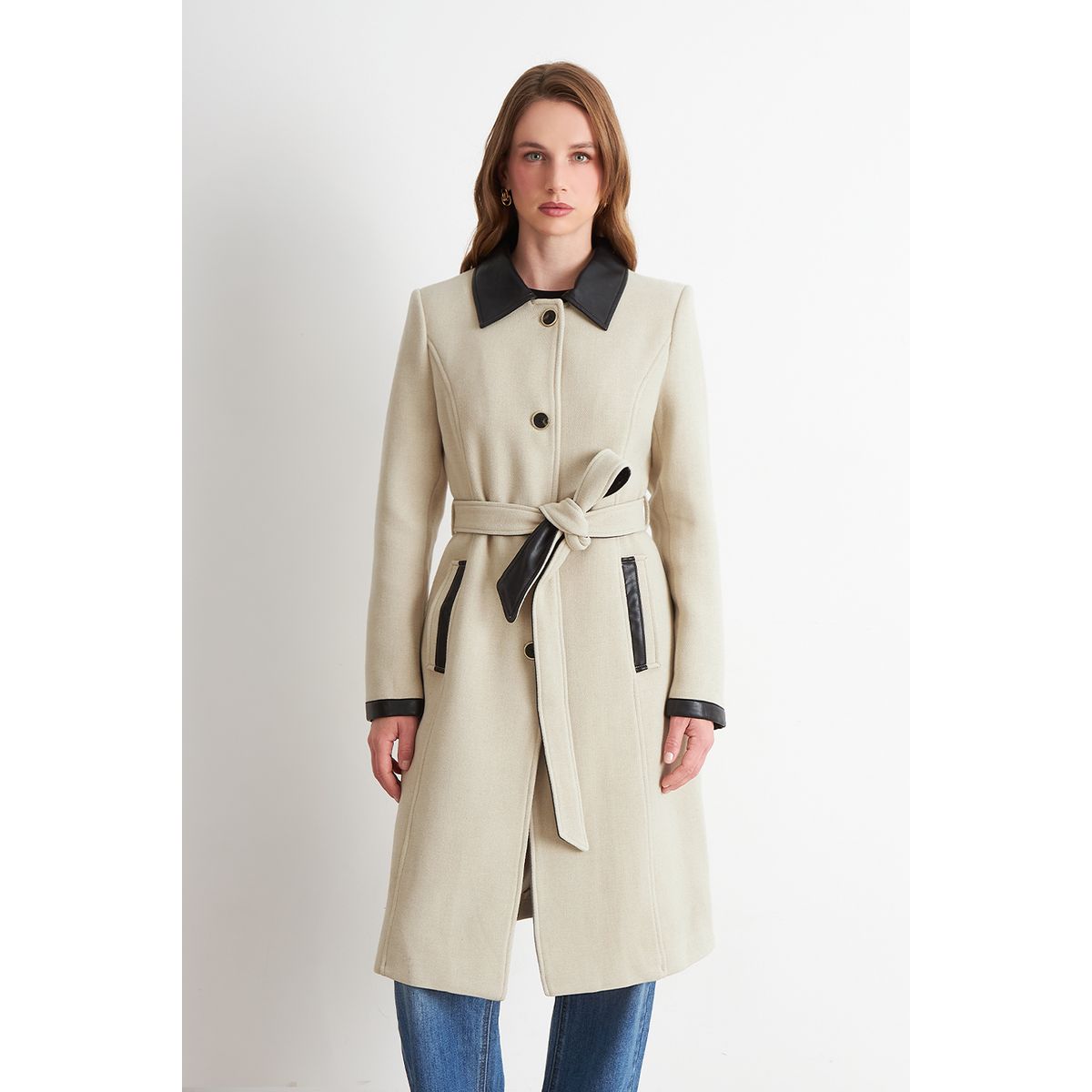 NICOPOLY - Abrigo Cuello Camisero Beige Nicopoly