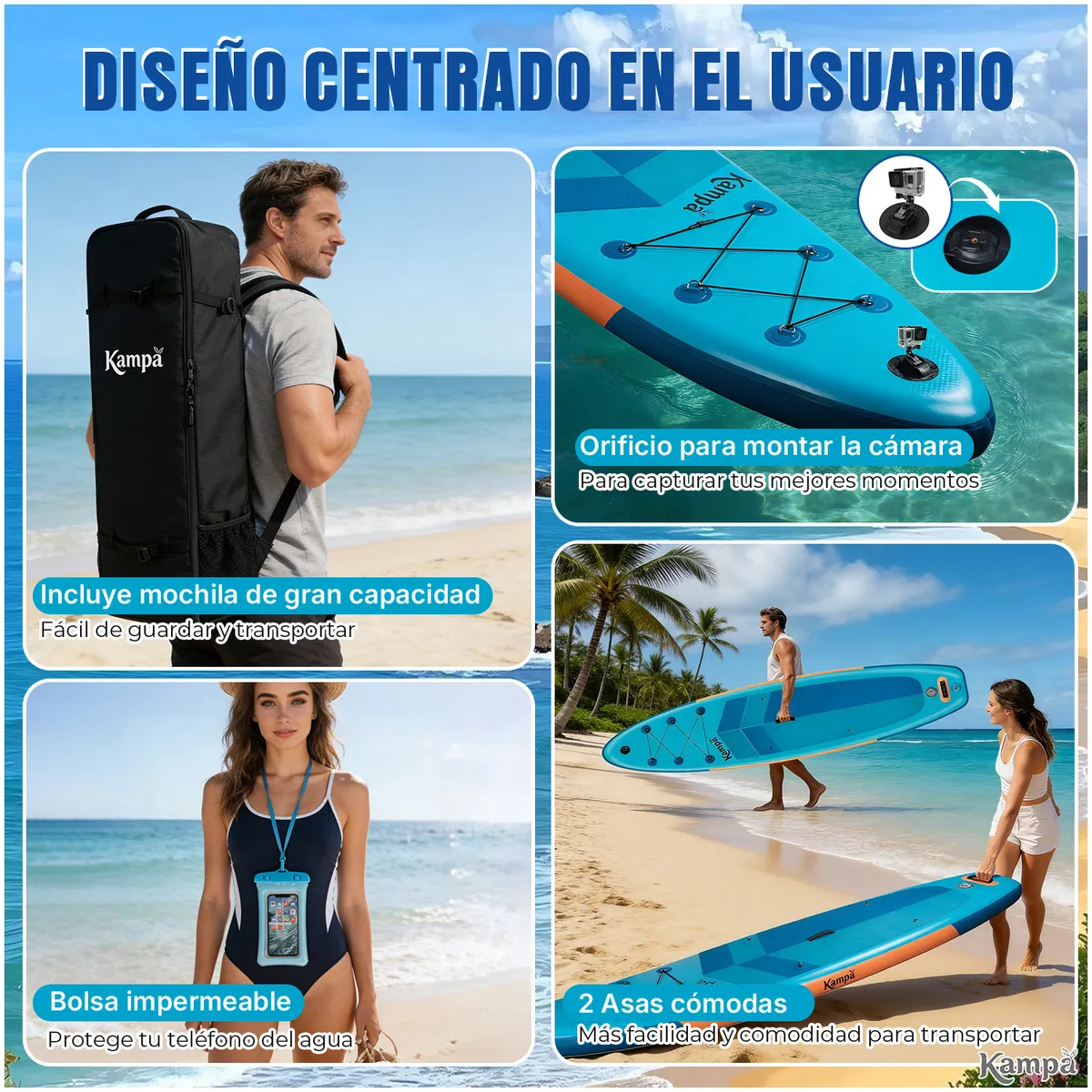 KAMPA - Set Tabla Stand Up Paddle Surf Inflable AZURIA 320x81x15cm Color Oceánico