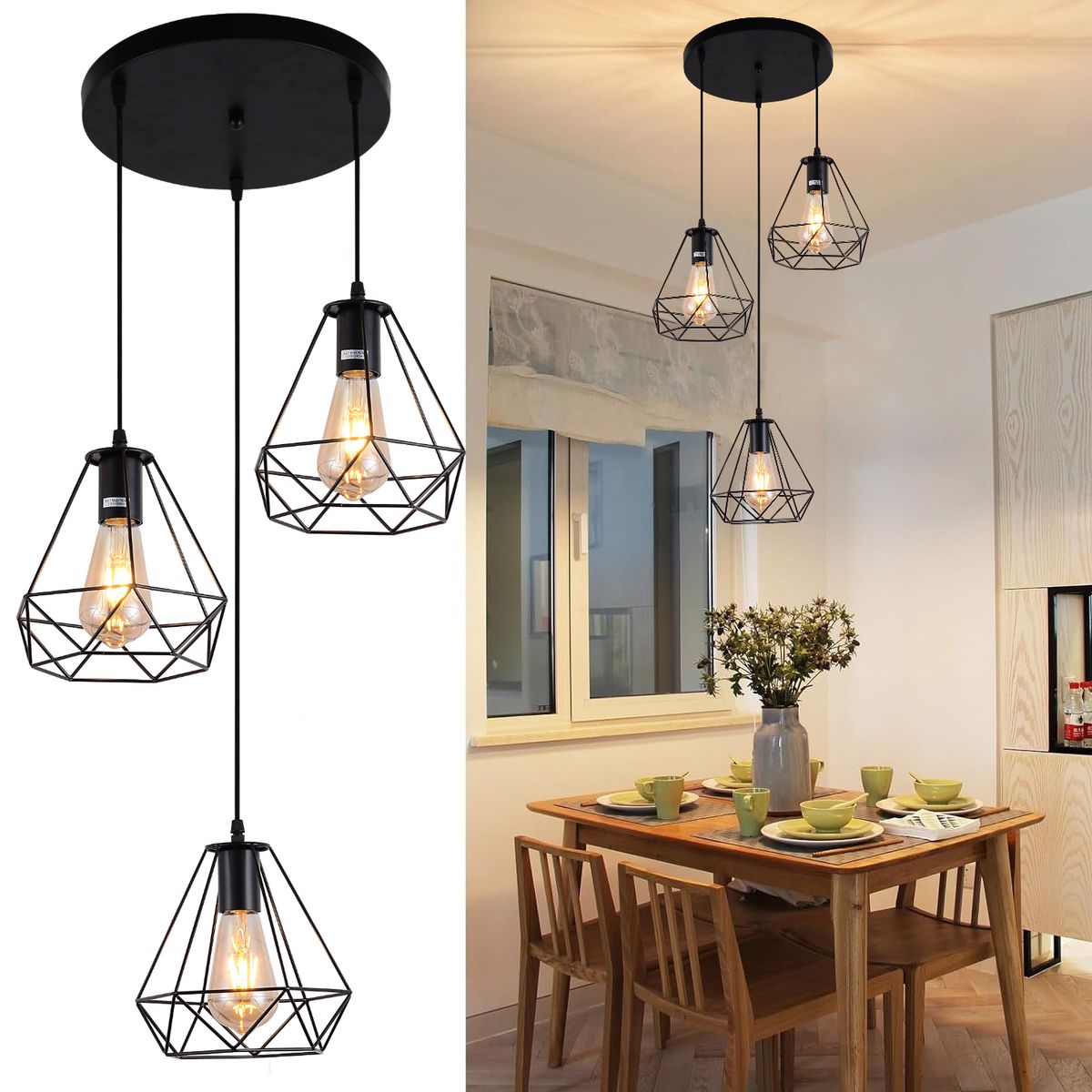 ROHE - Lámpara Colgante 3 Luces E27 Color Negro 46×46×100cm