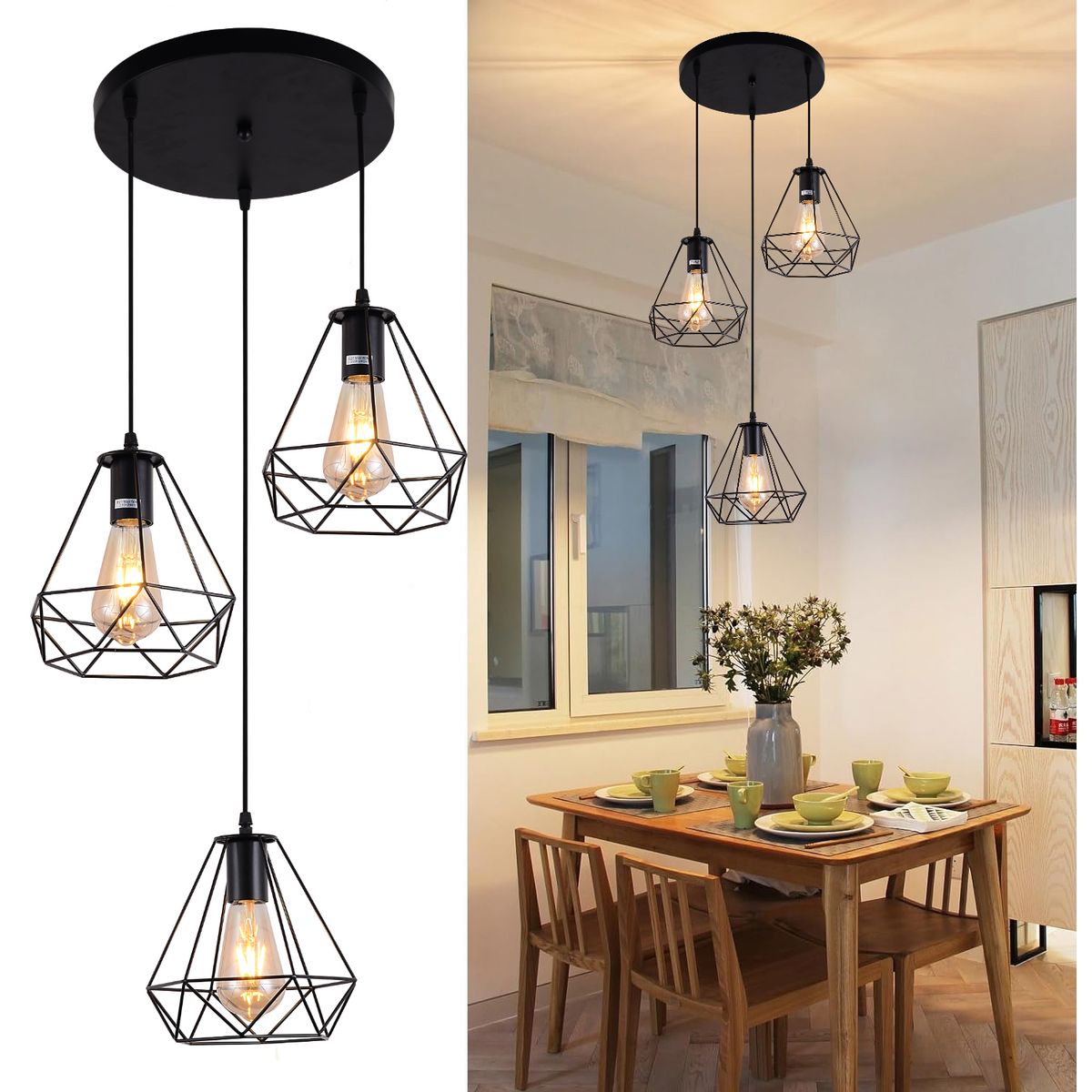 ROHE - Lámpara Colgante 3 Luces E27 Color Negro 46×46×100cm