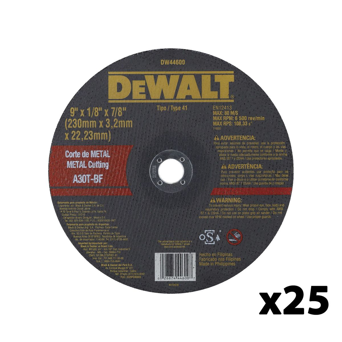 DEWALT - Set 25 discos corte de metal 9" x 1/8" DEWALT DW44600