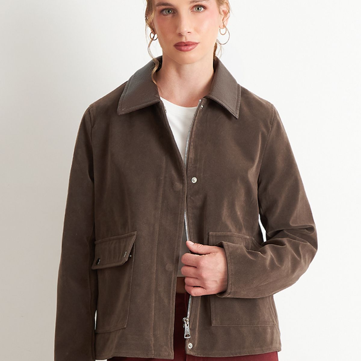 NICOPOLY - Chaqueta Tipo Gamuza Cuello Ecocuero Café Nicopoly