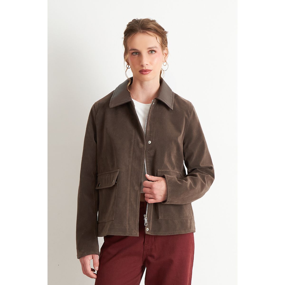 NICOPOLY - Chaqueta Tipo Gamuza Cuello Ecocuero Café Nicopoly