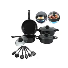 GENERICO - Bateria de Cocina 13 Piezas Antiadherente: 3 Ollas + Sartén + Utensilios - Negro