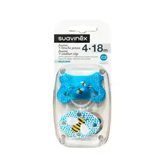 SUAVINEX - CHUPETE FISIOLOGICO SILICONA 4-18 + BROCHE OVLADADO ABEJA AZUL