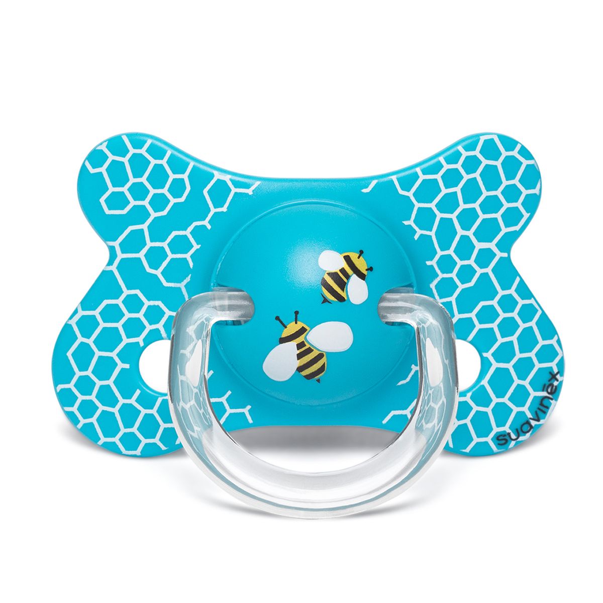 SUAVINEX - CHUPETE FISIOLOGICO SILICONA 4-18 + BROCHE OVLADADO ABEJA AZUL
