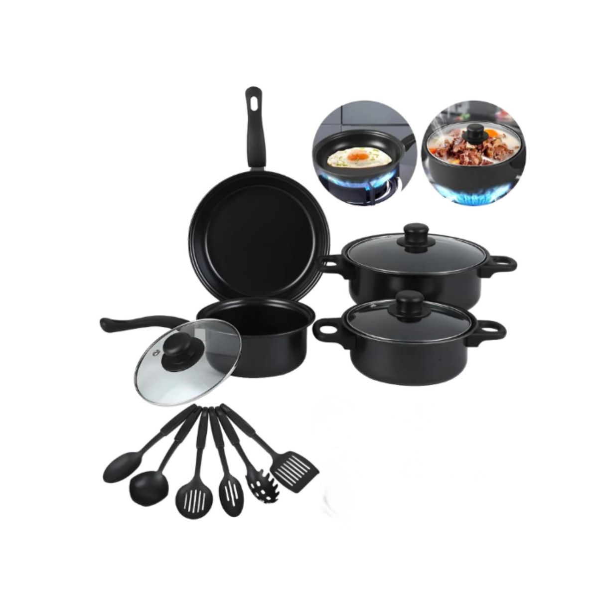 GENERICO - Bateria de Cocina 13 Piezas Antiadherente: 3 Ollas + Sartén + Utensilios - Negro