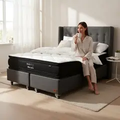 BLOCCARE - Cama King Box 30cm - L200cm + Colchon Black Prime - Modelo Dos+ Respaldo /Con Rueda Logo (Gris)