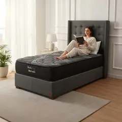 BLOCCARE - Cama 1 Plaza Box 30cm - L190cm + Colchon Black Prime - Modelo Uno+ Respaldo /Con Pata 4.5 cm (Gris)