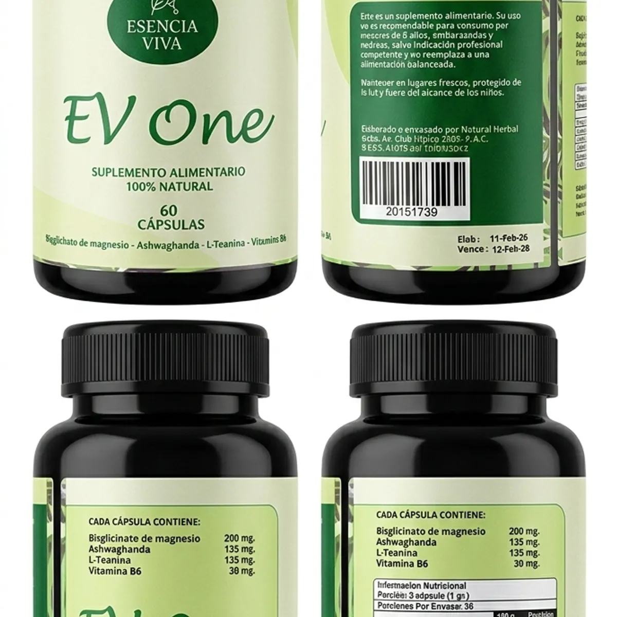 GENERICO - Ev One  Magnesio + ashwagandha + L-Teanina + B6 Estres, Bienestar y Equilibrio Esencia Viva