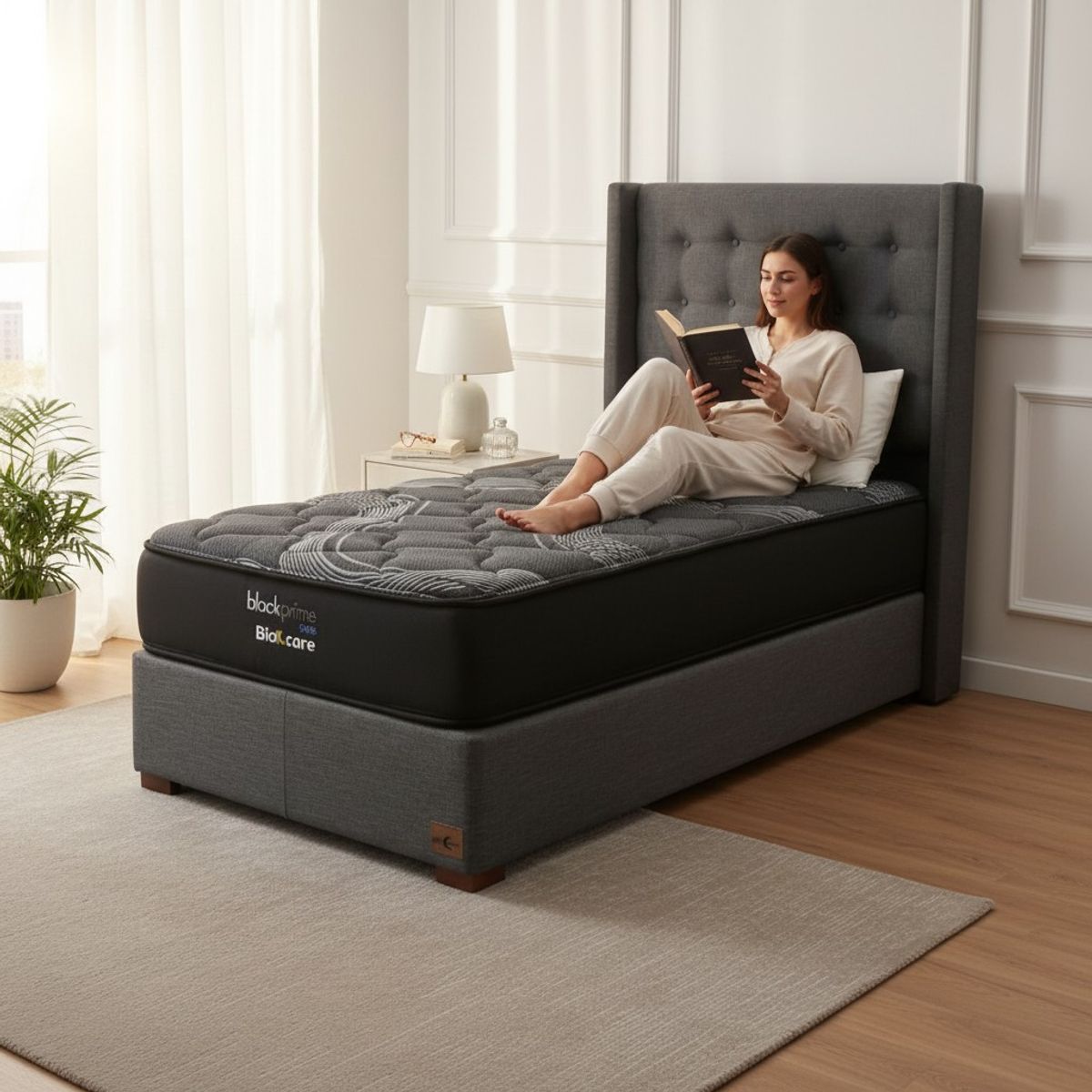BLOCCARE - Cama 1.5 Plaza Box 30cm - L200cm +Colchon Black Prime - Modelo Uno+ Respaldo /Con Pata 4.5 cm (Gris)
