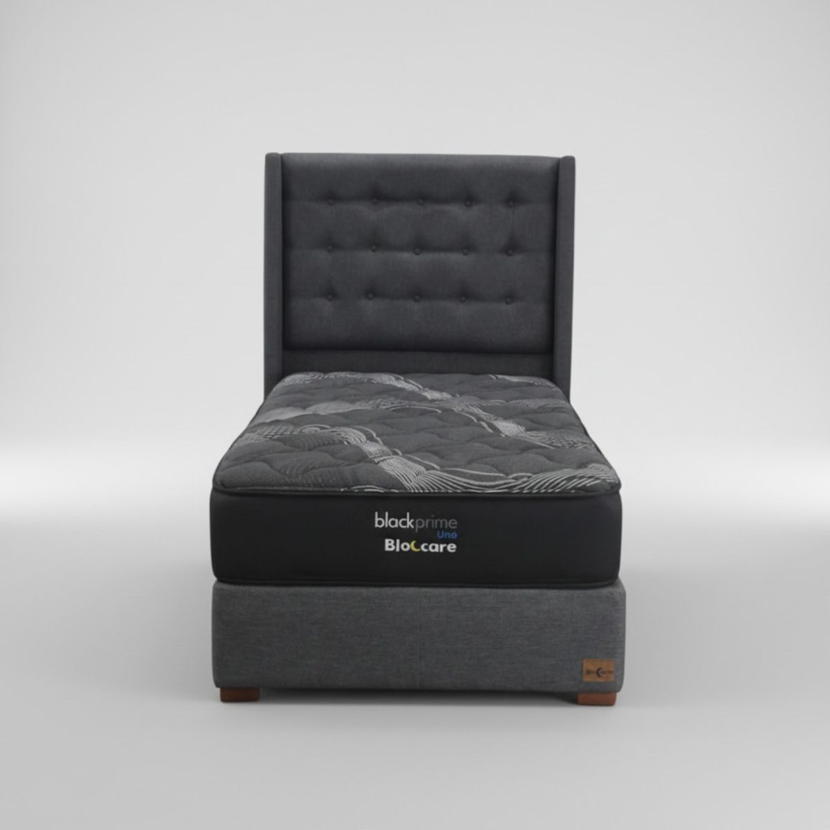 BLOCCARE - Cama 1.5 Plaza Box 30cm - L200cm +Colchon Black Prime - Modelo Uno+ Respaldo /Con Pata 4.5 cm (Gris)