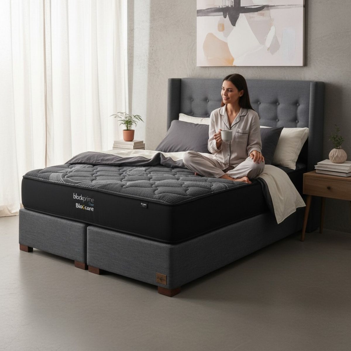 BLOCCARE - Cama 2 Plazas Box 30cm - L200cm +Colchon Black Prime - Modelo Uno+ Respaldo /Con Pata 4.5 cm (Gris)