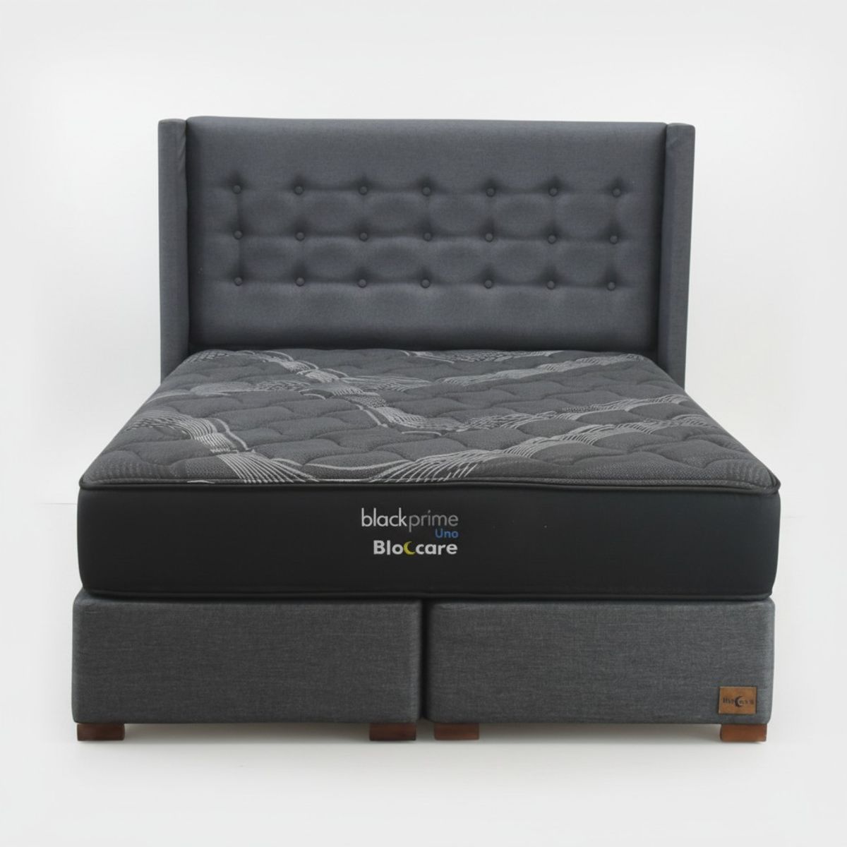 BLOCCARE - Cama 2 Plazas Box 30cm - L200cm +Colchon Black Prime - Modelo Uno+ Respaldo /Con Pata 4.5 cm (Gris)