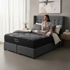 BLOCCARE - Cama King Box 30cm - L200cm +Colchon Black Prime - Modelo Uno+ Respaldo /Con Pata 11 cm (Gris)