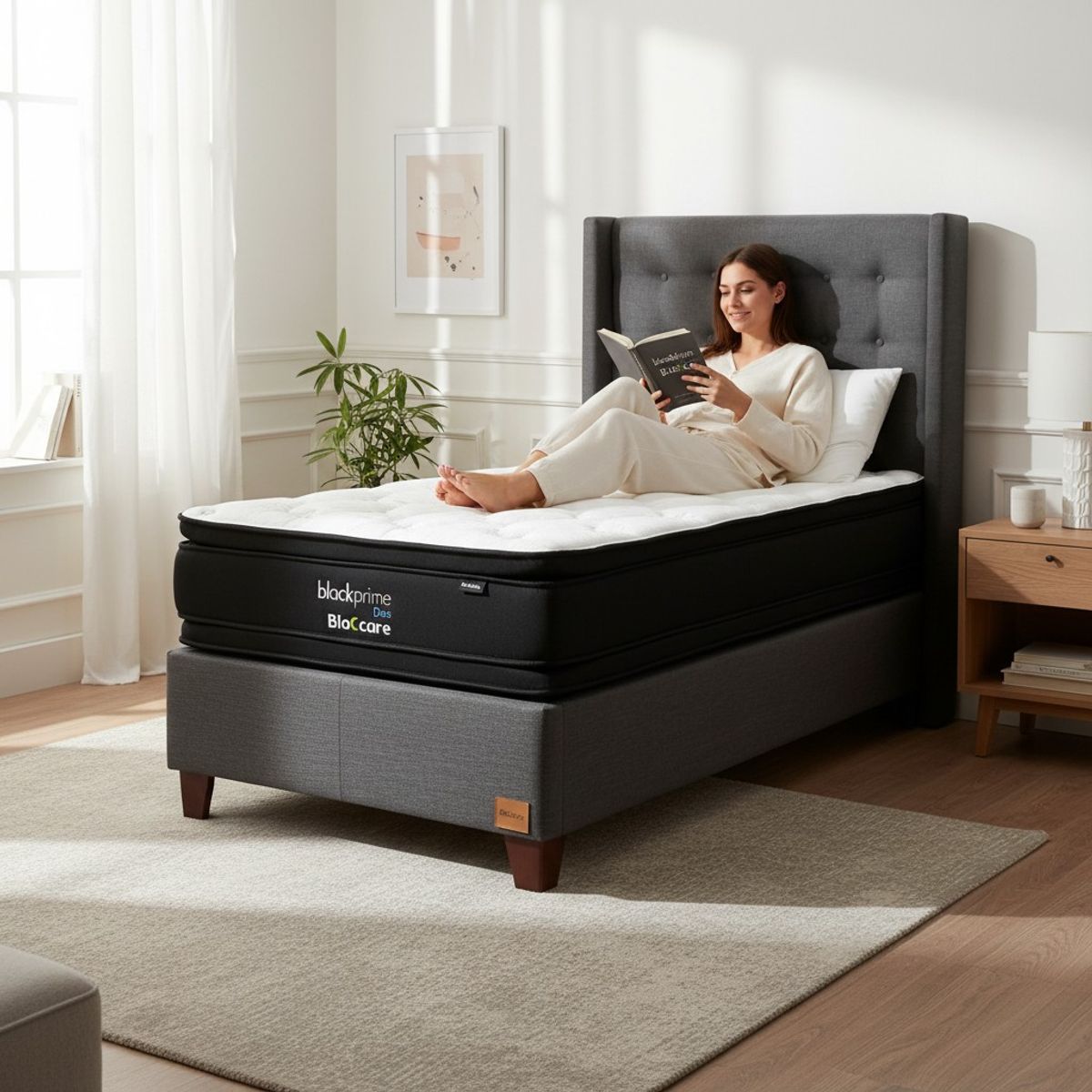 BLOCCARE - Cama 1.5 Plaza Box 30cm - L200cm  +Colchon Black Prime - Modelo Dos +Respaldo/ Con Pata 4.5(Gris)